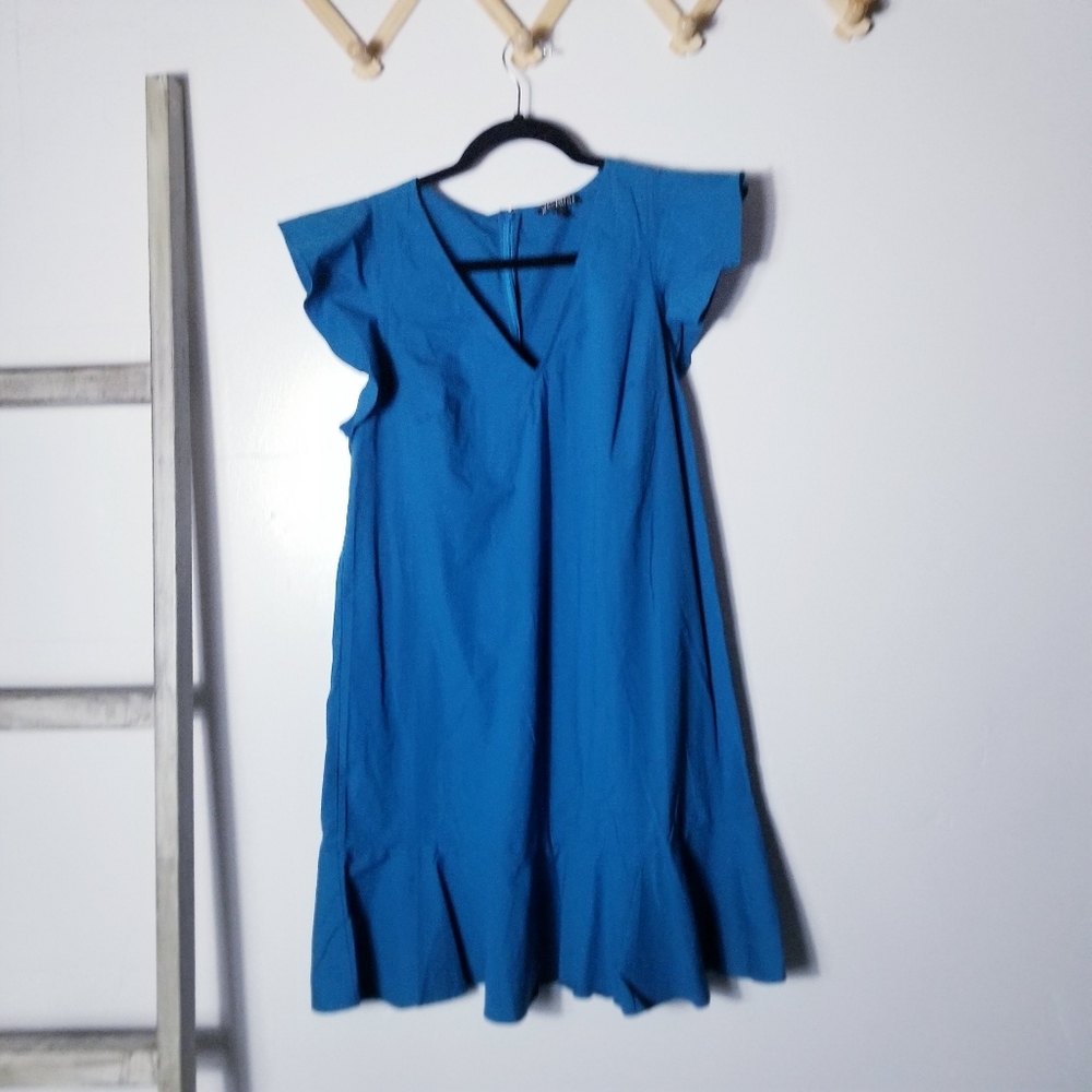 J. CREW MERCANTILE V-NECK FLUTTER SLEEVE BLUE DRESS SIZE 10
